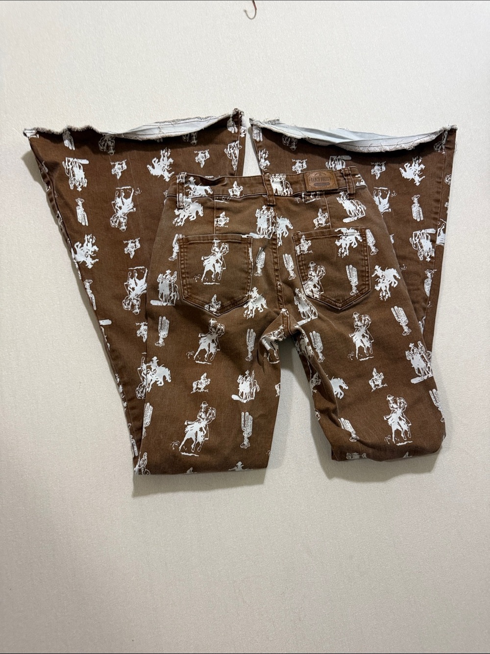 Women's Brown Boot-Cut Jeans with White Western Print